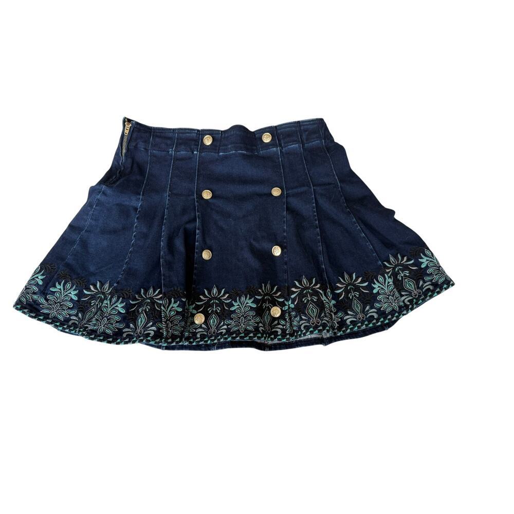 Driftwood Women's Blue Embroidered Pleated Denim Mini Skirt Size 26